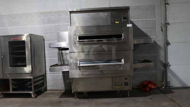 MIDDLEBY MARSHALL PS360Q pizza oven, natural gas, 280/240V, single phase, stainless steel, dual openings, on casters.