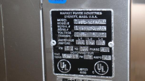 Market Forge MFC-101S/AA Electric Combi Steamer serial number plate. Shows model, serial, voltage, and amperage details.