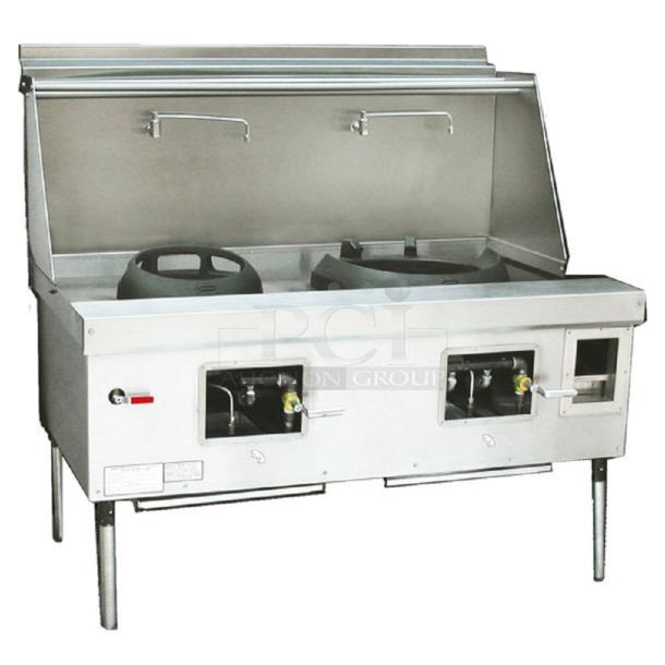 BRAND NEW Town Y-2-SS-N York™ two-chamber stainless steel natural gas wok range with dual burners and control valves.