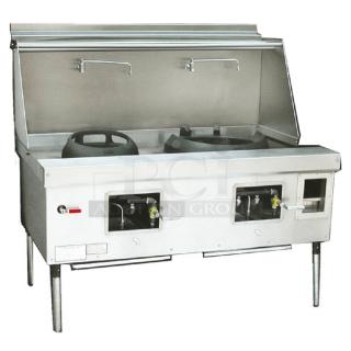 BRAND NEW Town Y-2-SS-N York™ two-chamber stainless steel natural gas wok range with dual burners and control valves.
