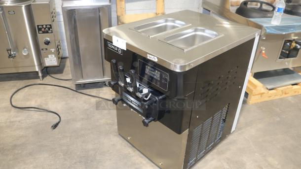 STAKOL 2200W 3 Flavor Ice Cream Machine, stainless steel, model EP23791, LCD display, 20-28L/H capacity, new condition.