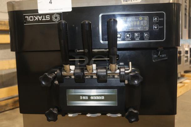 STAKOL EP23791 commercial ice cream machine, 3 flavors, stainless steel, LCD display, 2200W, 20-28L/H capacity, new condition.