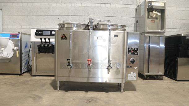 American Metal Ware 7776E Twin 6-Gallon Coffee Urn in stainless steel, polished condition, with dual spigots and control knobs.