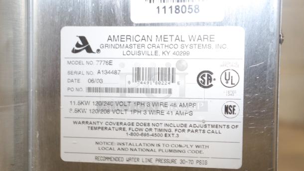 American Metal Ware 7776E Twin 6 Gallon Coffee Urn, serial A134487, 11.5KW, NSF and UL listed, stainless steel.
