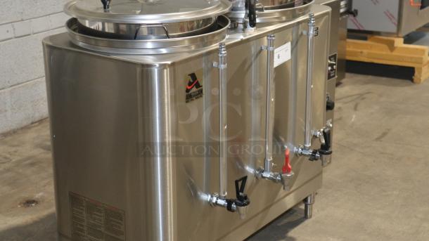 American Metal Ware 7776E Twin 6 Gallon Coffee Urn, stainless steel, dual spigots, excellent condition, visible brand logo.