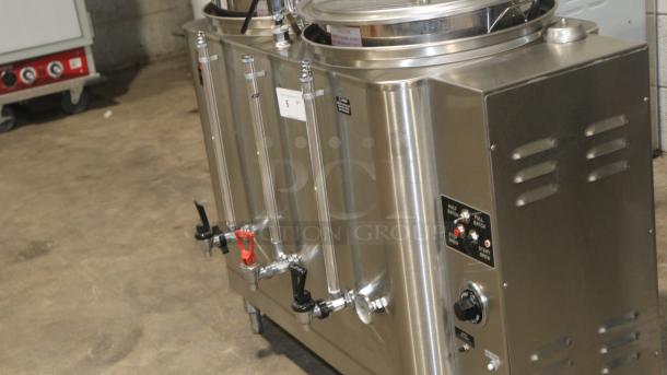 American Metal Ware 7776E twin 6-gallon coffee urn, stainless steel, dual spouts, control panel, visible labels, excellent condition.