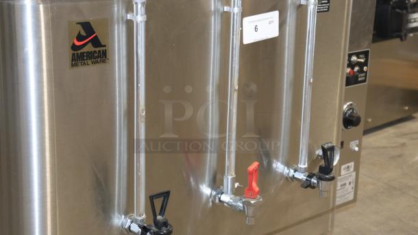American Metal Ware 7776E Twin 6 Gallon Coffee Urn, stainless steel, dual spouts, visible brand logo, in good condition.