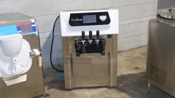 VEVOR Commercial Soft Ice Cream Machine YKF-8216T, 3 flavors, stainless steel, excellent condition, visible controls and levers.