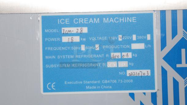 Kolice ICM-28 ETL Certificate Gelato Machine, 1.8kW, 110V/220V, R410 refrigerant. Blue label with specifications visible.