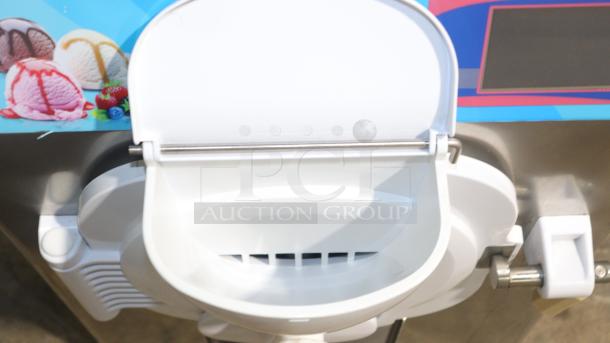 Kolice ICM-28 heavy-duty gelato machine, ETL certified, stainless steel, countertop design, open lid, excellent condition.