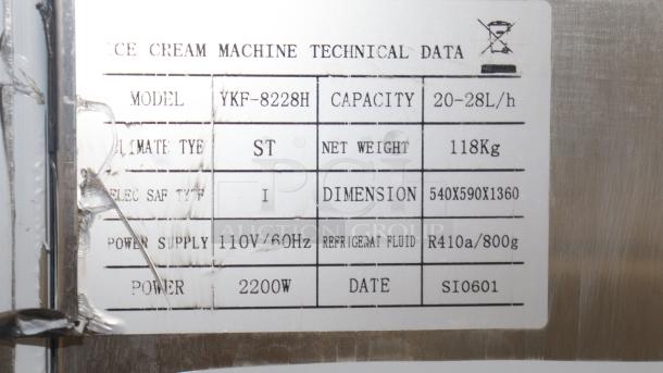 VEVOR YKF-8228H Soft Ice Cream Machine label showing technical data: capacity 20-28L/h, weight 118kg, dimension 540x590x1360mm, power 2200W.