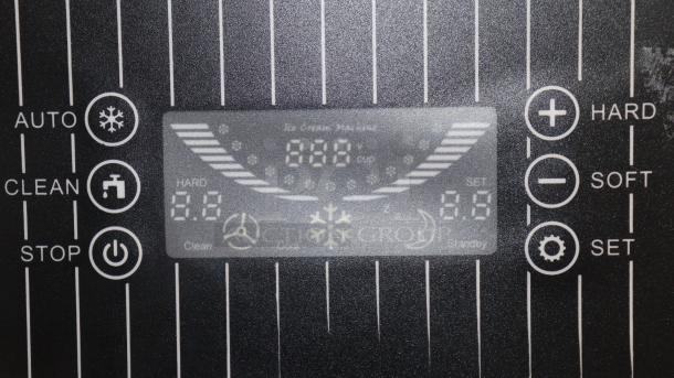 Control panel of VEVOR YKF-8228H ice cream machine with auto, clean, stop, hard, soft, and set buttons. Display reads 888.