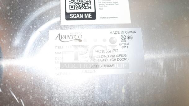 Avantco HPI-1836 heated holding cabinet label, model 177HPI1836, 1500W, 120V, with QR code for AvantcoEquipment.com.