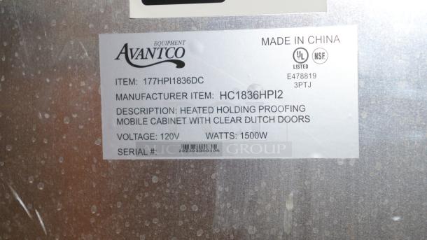 Avantco HPI-1836 heated holding/proofing cabinet label, showing model 177HPI1836DC, 120V, 1500W, with NSF, UL marks.