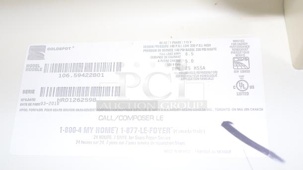 Label for Kenmore Model# 106.53502300; indicates serial HR01262598, made March 2010, 115V, 60Hz, household refrigerator.