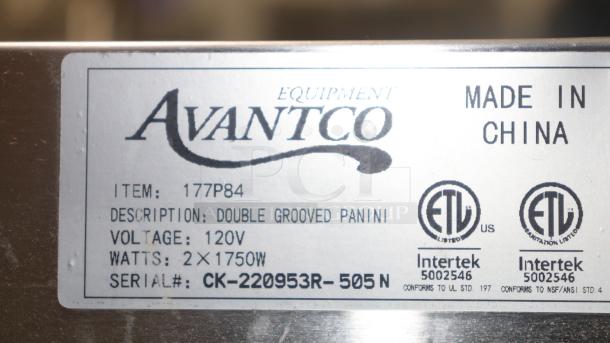 AVANTCO 177P84 Double Grooved Panini Press, 120V, 2x1750W, very good condition, tested working, serial CK-220953R-505N.