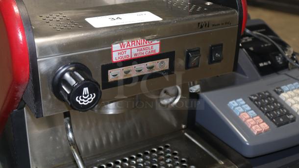 RANCILO S27 automatic espresso machine, stainless steel, single group, 115V, warning label, made in Italy, commercial use.