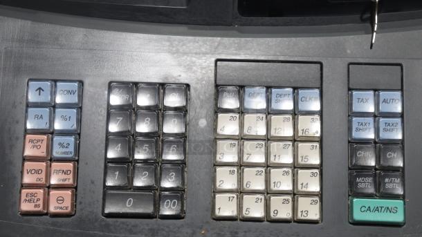 Sharp XE-A22S cash register keyboard, featuring numeric and function keys, in used condition, dimensions 14x14x12 inches.
