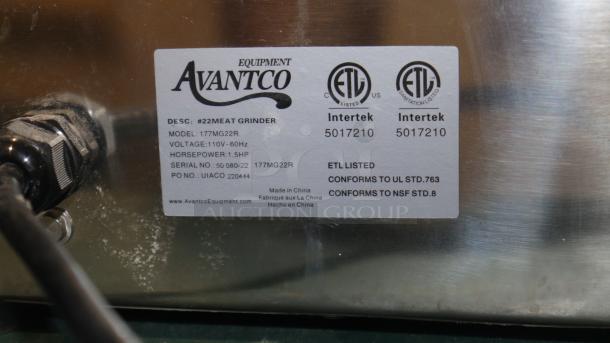 AVANTCO Meat Grinder 177MG22R, ETL listed, 110V, 1.5 hp, processes 540 lb/hr with reverse function, new condition.