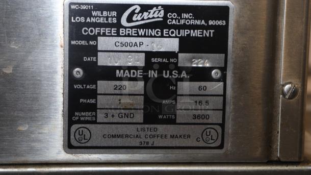Curtis C500AP Airpot Coffee Brewer label, showing model, serial number, voltage, phase, and UL listing details.