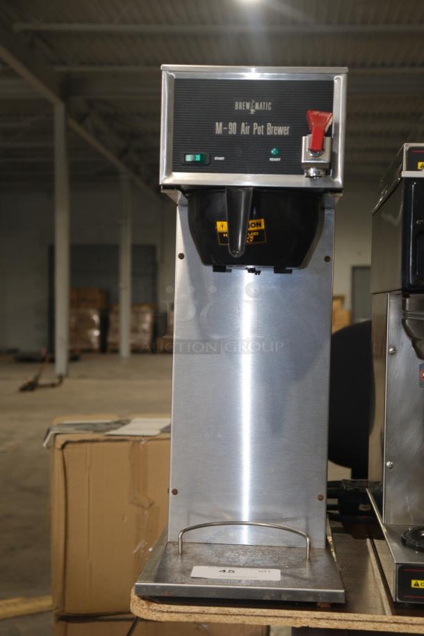 Brewmatic M-90 Air Pot Brewer, stainless steel, features start and ready indicators, appears in good condition.