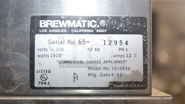 Brewmatic M-90 coffee appliance label, serial 12954, 120V, 1510W, Model 1010546, made in USA, UL listed.