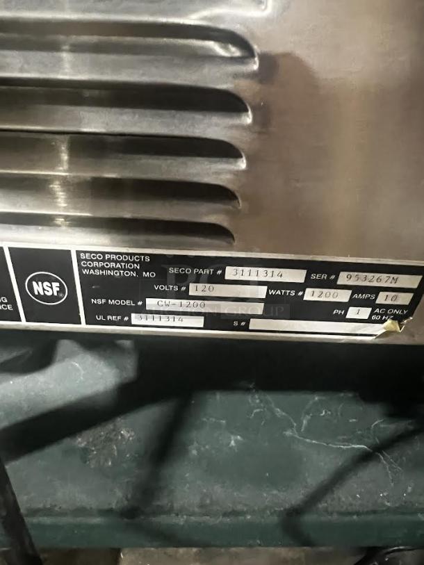 SESCO CW-1200 label showing 120 volts, 1200 watts, and 10 amps. Serial 953267M, NSF certified, UL ref 3111314.