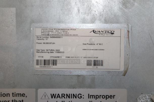 Label for Avantco Chef Series CAG-R-2-12 2 Burner, 56,000 BTU/h, 12" capacity, natural gas, manufactured 11/09/2023.