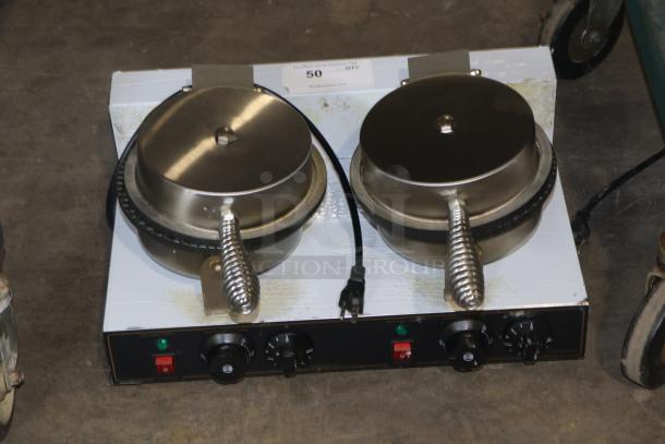 SUNBOS JPX-DXG-2 ice cream cone baking machine with dual plates, temperature controls, and power switch.