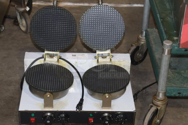 SUNBOS JPX-DXG-2 ice cream cone baking machine with dual grids, stainless steel, good condition, power controls visible.