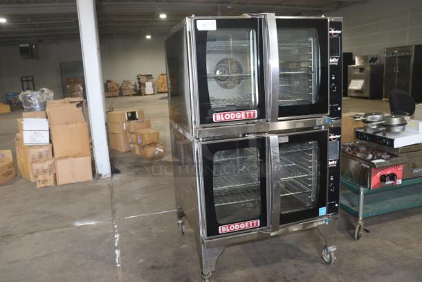 Blodgett HVH-100E double stack convection oven in stainless steel on casters, featuring clear glass doors, in used condition.