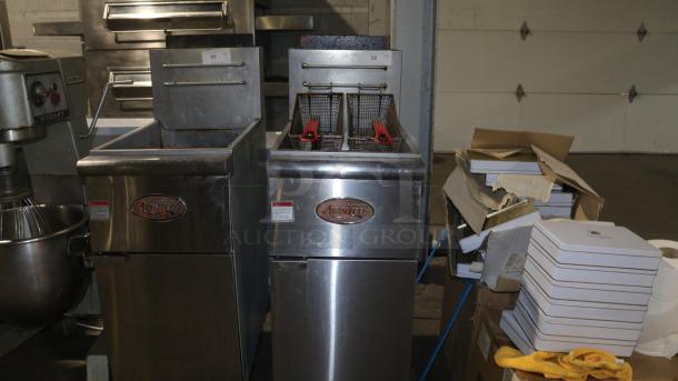 Avantco FF50 natural gas fryer, dual baskets, stainless steel, model 177FF50N, used condition, visible brand logo and warning label.
