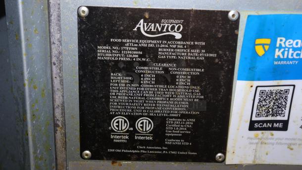 Avantco FF50 Natural Gas Fryer label showing model 177FF50N, 120,000 BTU, and manufacturing details.