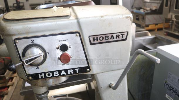 Hobart D300 30 Qt mixer with controls visible; worn condition; model and brand labels intact.