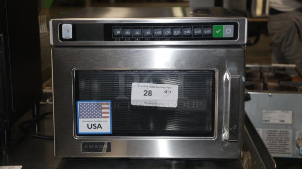 Amana HDC1015 Heavy-Duty Commercial Microwave, stainless steel, 120V, 1000W, push button controls, Made in USA label.