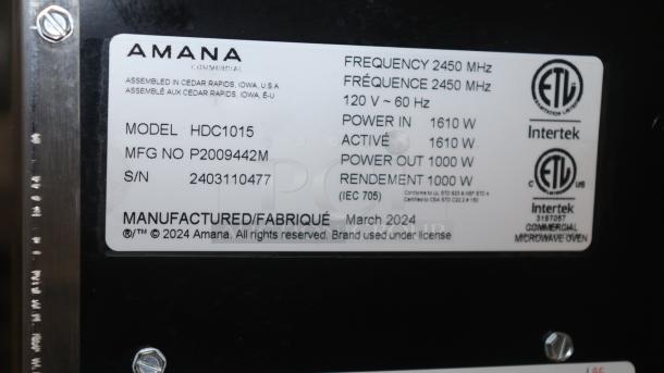 Amana HDC1015 Heavy-Duty Stainless Steel Commercial Microwave, Model HDC1015, 120V, 1000W, safety certifications visible.