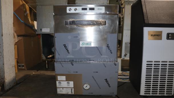 Noble Warewashing HTGW High-Temp Glass Washer, model 495HTGW22, 208V/240V, 1 Phase. New condition, protective wrap visible.