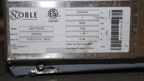 Noble Warewashing HTGW underbar glass washer, model 495HTGW22, 208-240V, 1 phase, label detailing specs and serial number.