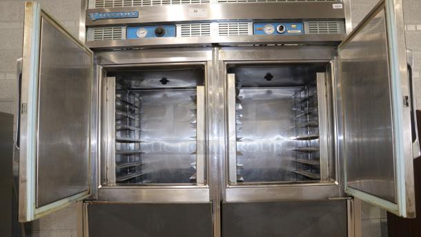 VICTORY Commercial Fridge, double-door, stainless steel, interior shelving, external pressure gauges, used condition.