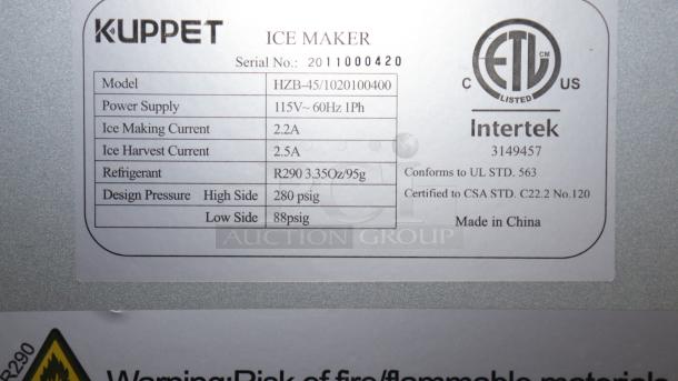 KUPPET Commercial Ice Maker, Model HZB-45/1020100400, serial no. 2011000420. Features: 115V, refrigerant R290, 280 psig high side.