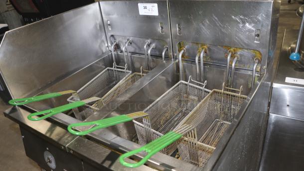 Frymaster double electric deep fryer, model 22EF SP, with dual fry baskets, 208/240V, stainless steel, used condition.