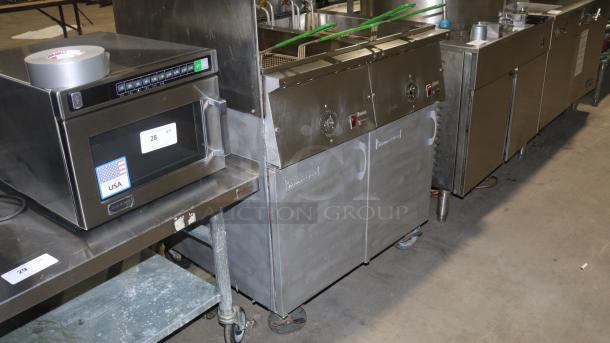 Frymaster double electric fryer, model 22ef sp, 208/240V, stainless steel, good condition, with control panel visible.