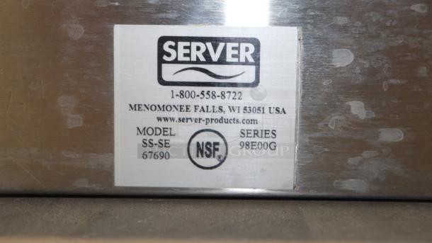 SERVER SS-SE 67690 label detail, Series 98E00G, NSF certified, contact info and website shown, brushed metal background.