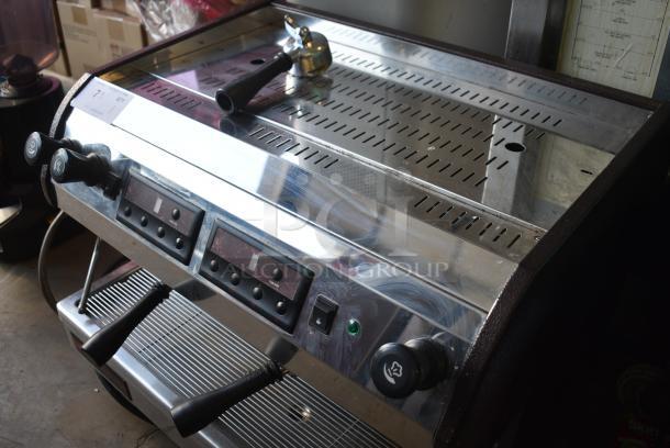 Grindmaster ESP2 stainless steel espresso machine, 2 group, 3 portafilters, 2 steam wands, commercial use, 220-240V, 1 phase.