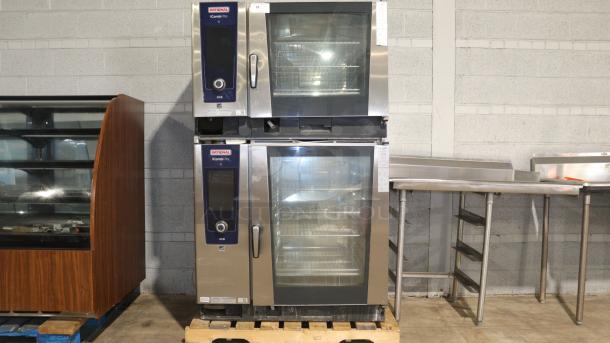 (x2) Rational LM100EE iCombi Pro stainless steel combi convection ovens, 440V, 3-phase, excellent condition, stacked.