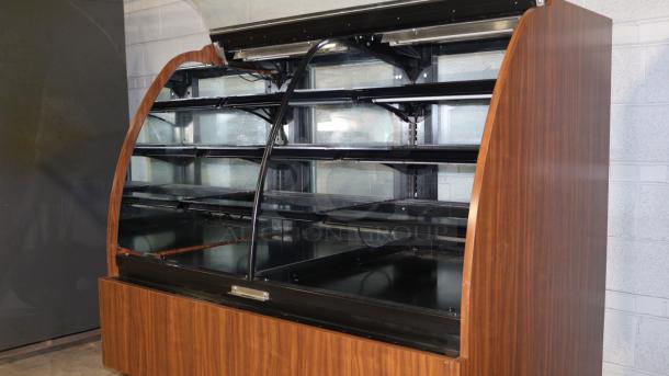 Structural Concepts H5C5650LR display case, curved glass, refrigerated and non-refrigerating, wood finish, 120v.