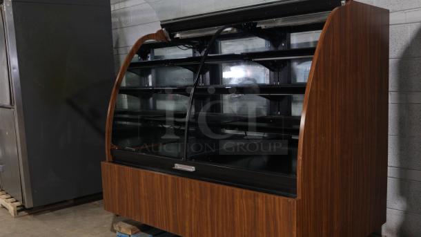 Structural Concepts H5C5650LR display case, curved glass, refrigerated/self-contained, wood finish, 120v, excellent condition.