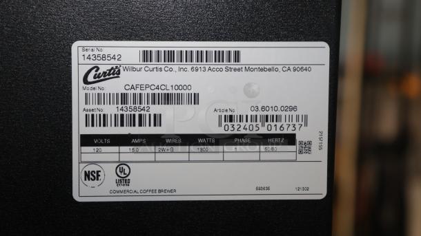 Curtis CAFEPC4CS10000 4 Flavor Primo Cappuccino Dispenser label, model CAFEPC4CL10000, with specs and certifications.
