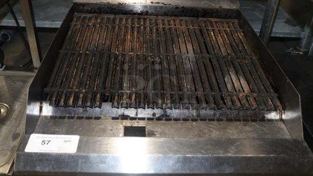 Avantco 2 burner gas grill in used condition, stainless steel, visible wear on grates, auction tag "57" on front.