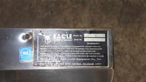 Eagle Group HSA-10-F hand sink label showing model and serial number, NSF certification, and warranty details.